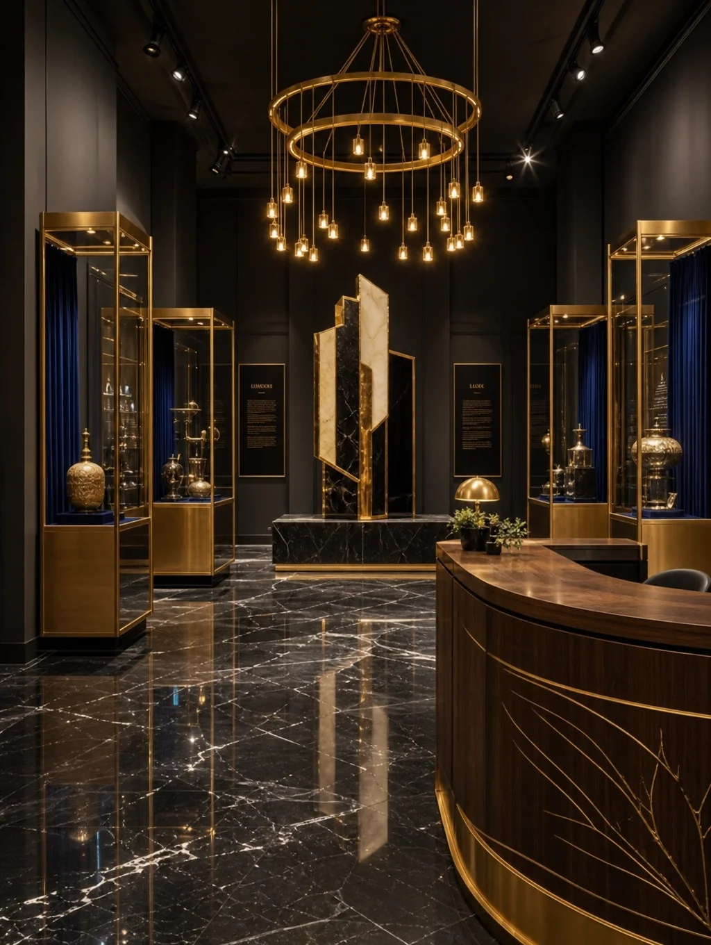 Polished luxury gallery interior with dark stone and bronze architectural partitions