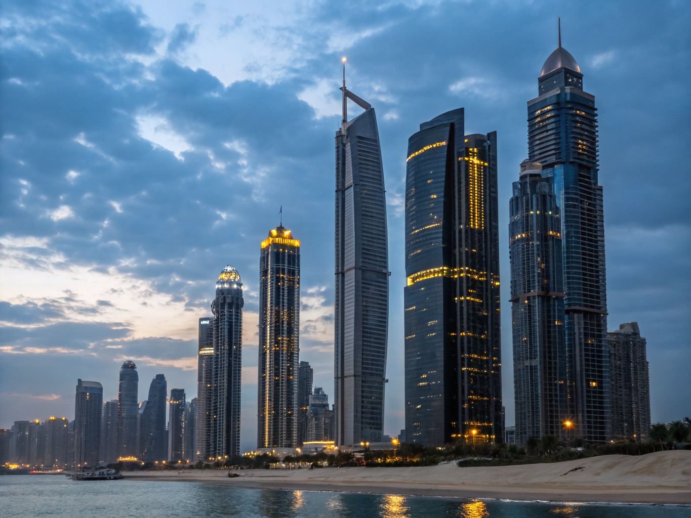 Twilight exterior panorama of Dubai World Trade Centre complex
