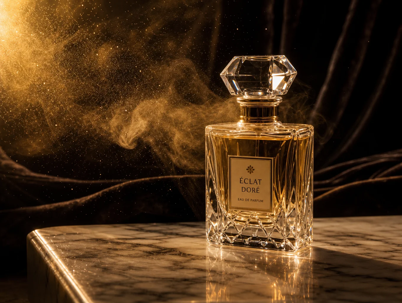 Hand-blown crystal perfume flacon with gold seal celebrating bespoke olfactory art